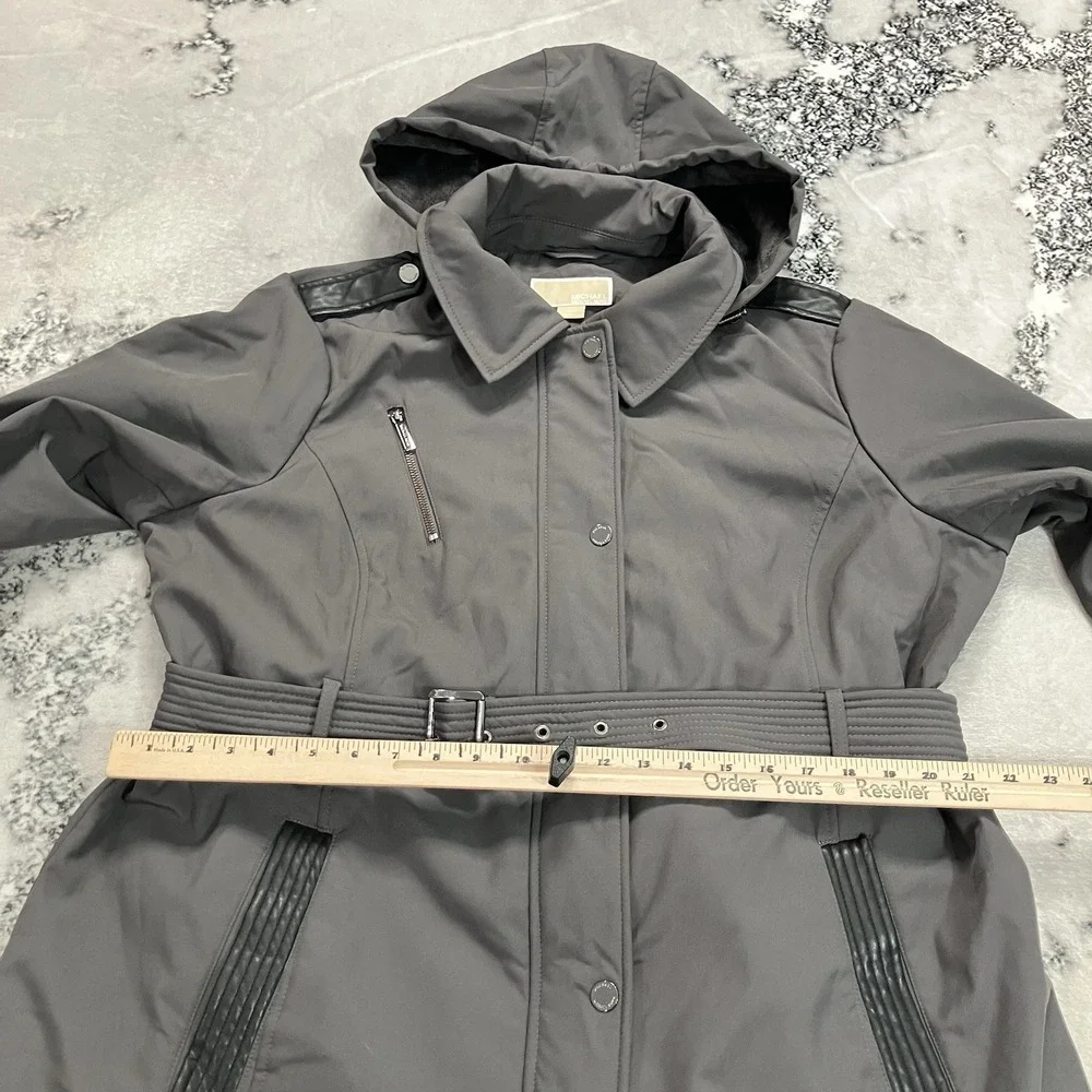 Michael Michael Kors Hooded Belted Trench Coat Gray Women's XL Water Resistant